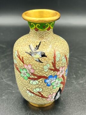 Vintage Asian Oriental Cloisonne Enameled Vase Floral bird, 4”